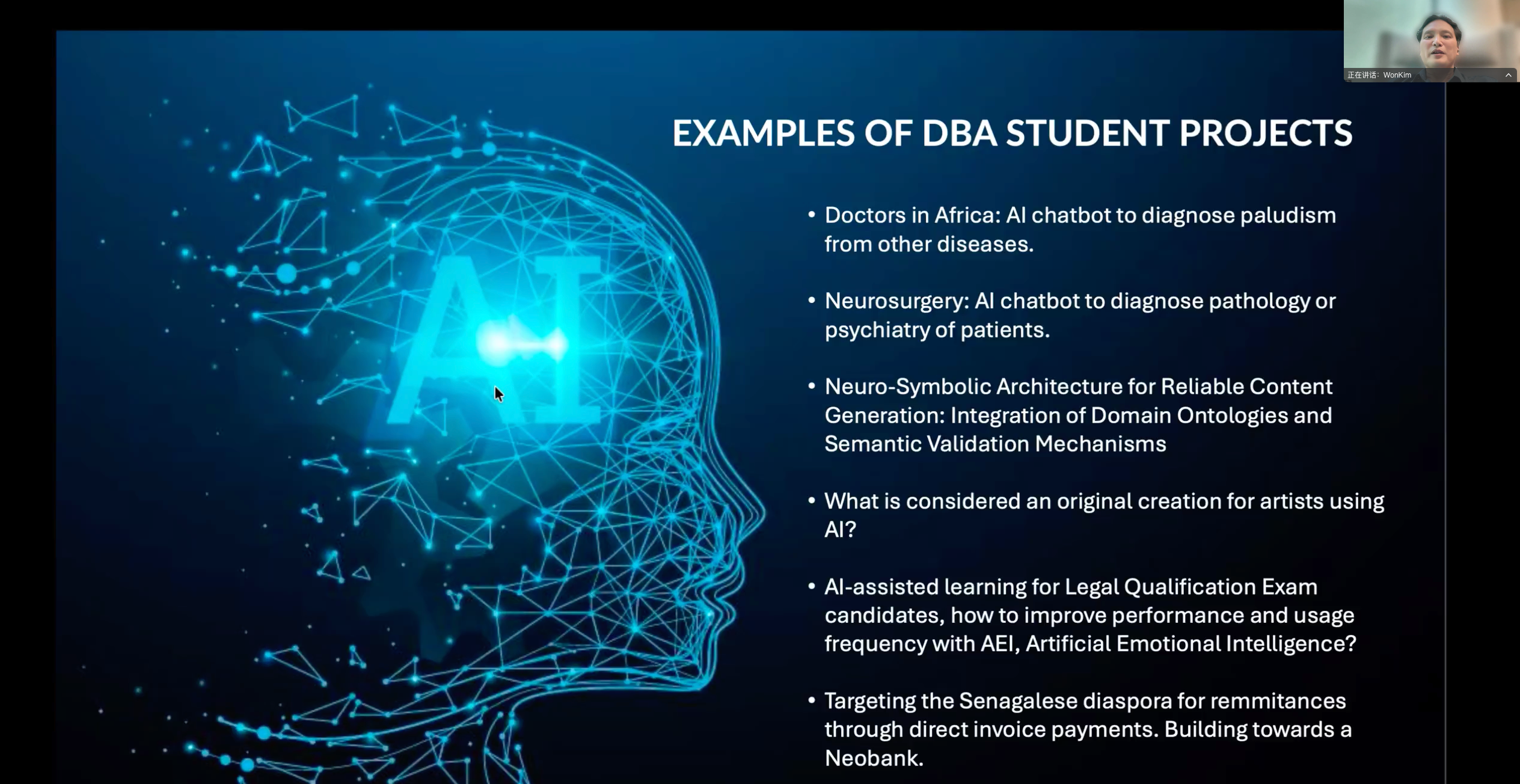 Won Kim 教授展示的 AI 相关 DBA 学生项目示例课件,包括医疗辅助、语义架构等方向