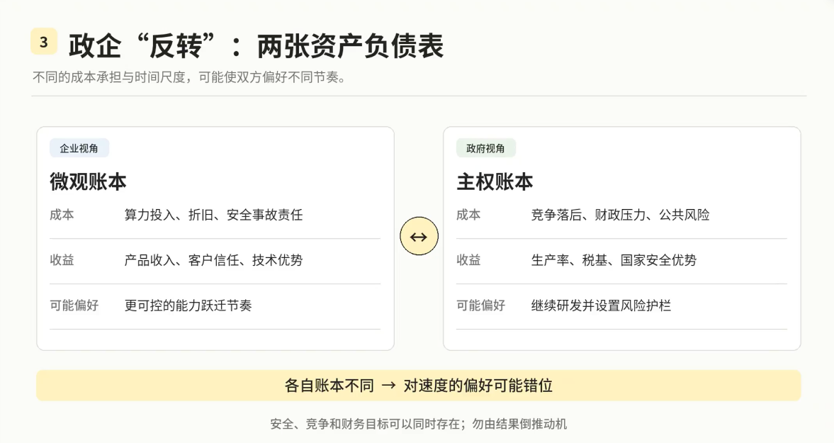 政企两张资产负债表示意:企业与政府对 AI 投入成本、收益和节奏的考量