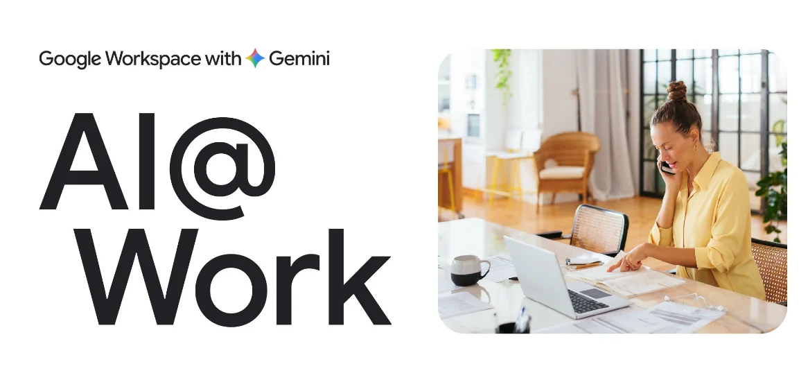 Google Workspace与Gemini的AI at Work配图,展示办公人员使用笔记本电脑开展工作